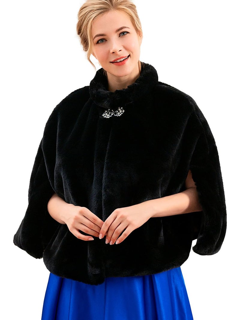 Aukmla Faux Fur Wrap Bridal Stole Wedding Fur Shrug Winter Cape with Rhinestones Brooch (Black) - Image 1